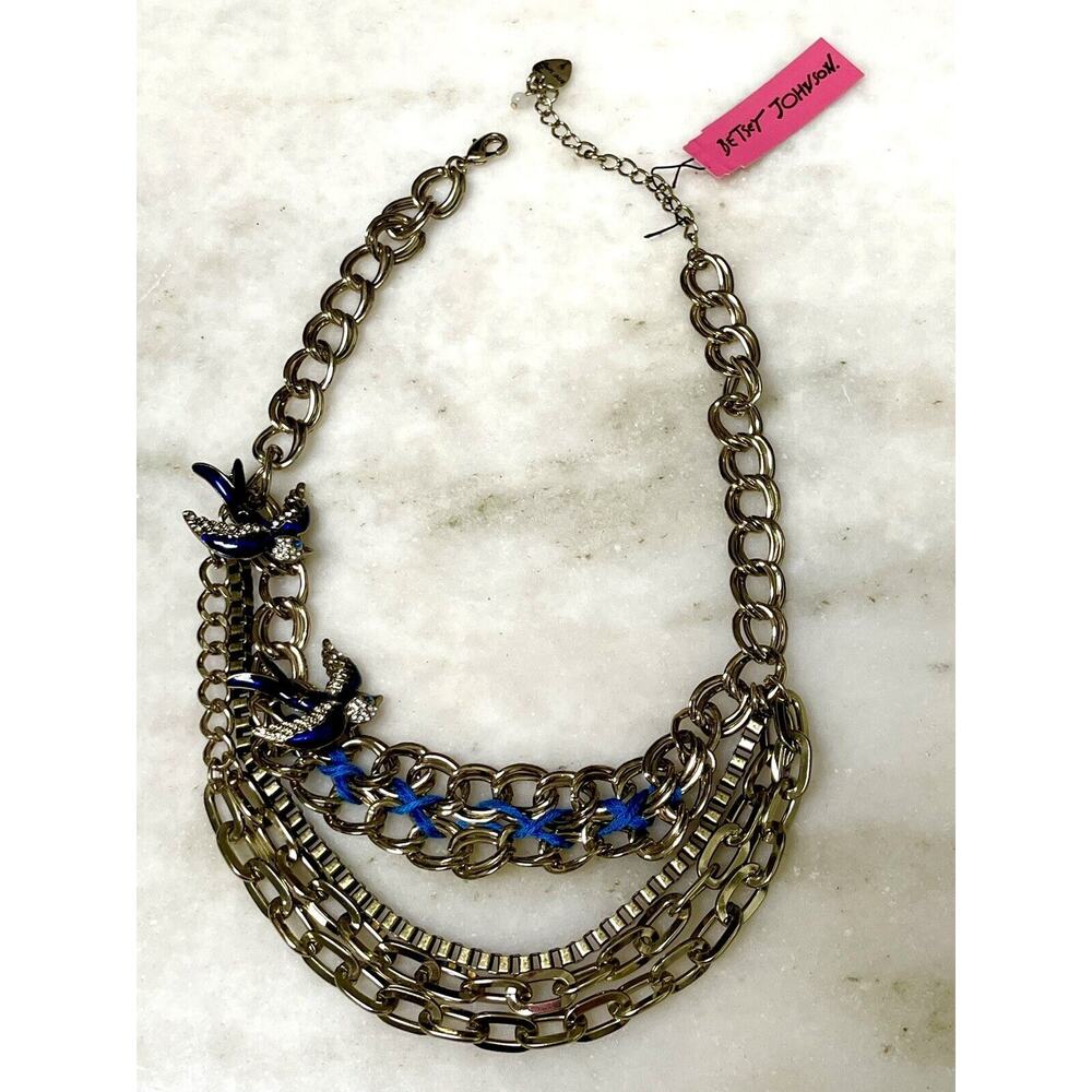 Betsy Johnson SWALLOW BIRD BLUE Pendant Gold Color Necklace Multi Chain Woven